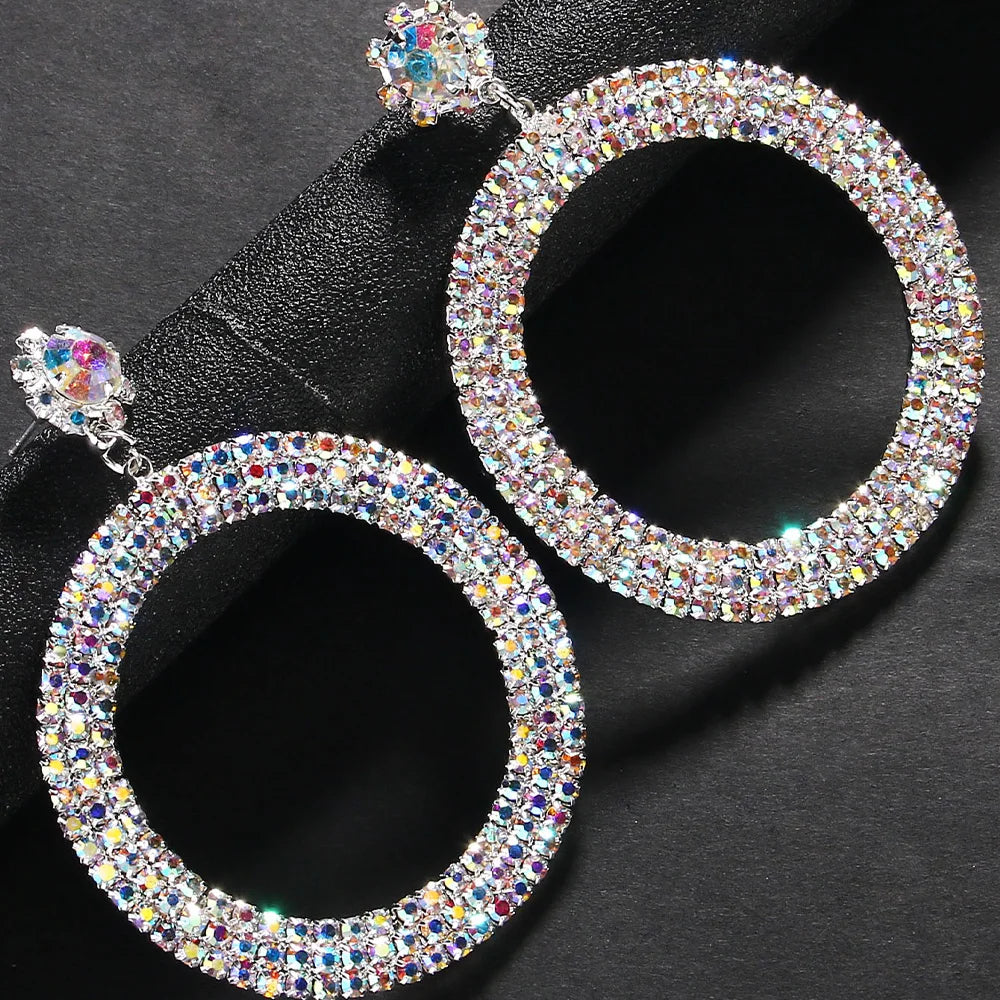 Crystal Oversized Circle Drop Earrings | Rhinestone Statement Hoop Earrings
