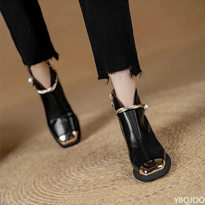 Gold Metal Toe Cap Ankle Boots – Pearl Chain Detail | Black & Brown - The PM Edit