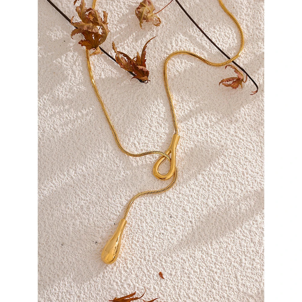 Teardrop Lariat Snake Chain Necklace | 18K PVD Gold Stainless Steel Statement Jewelry