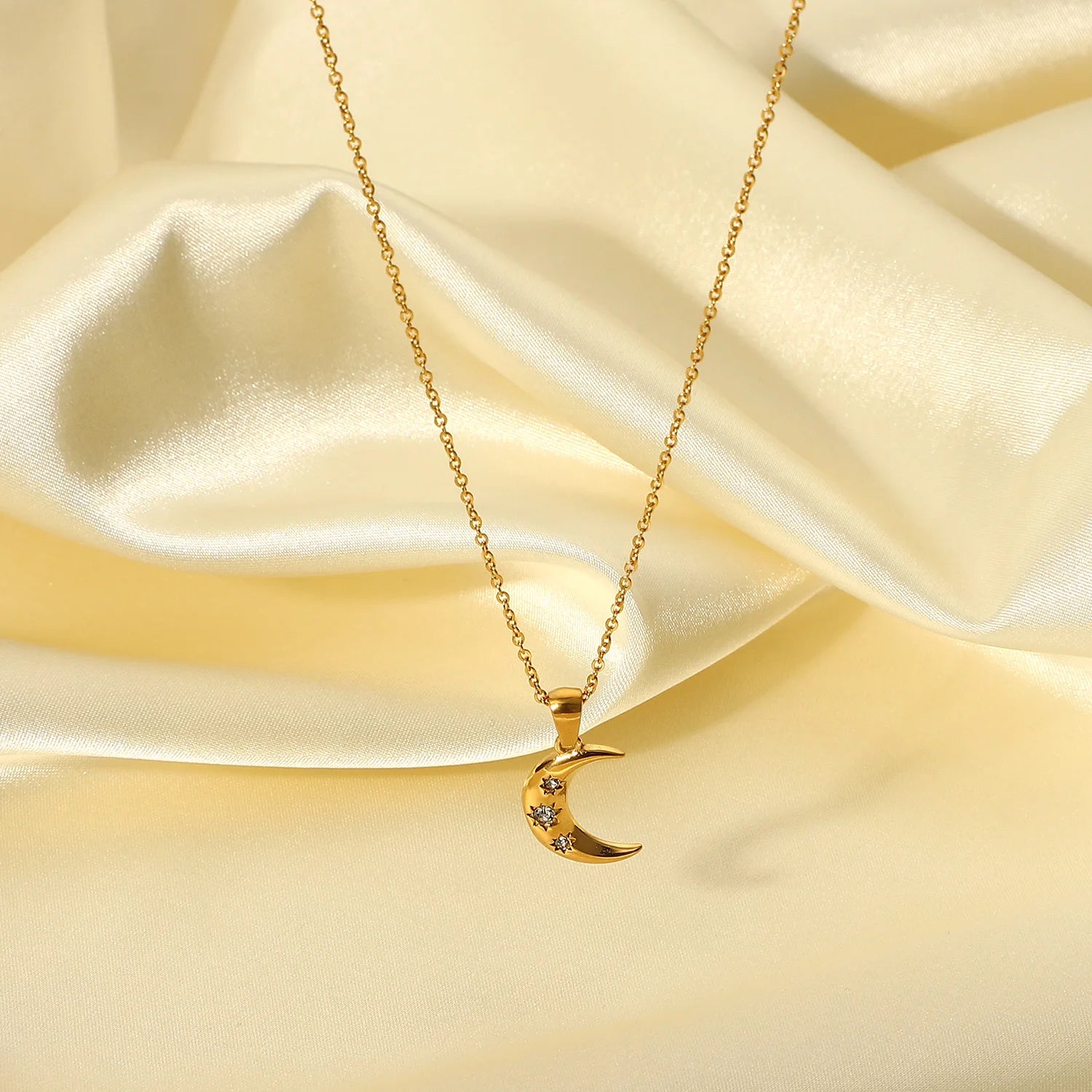 Crescent Moon & Star CZ Pendant Necklace | 18K Gold Plated Stainless Steel Celestial Jewelry
