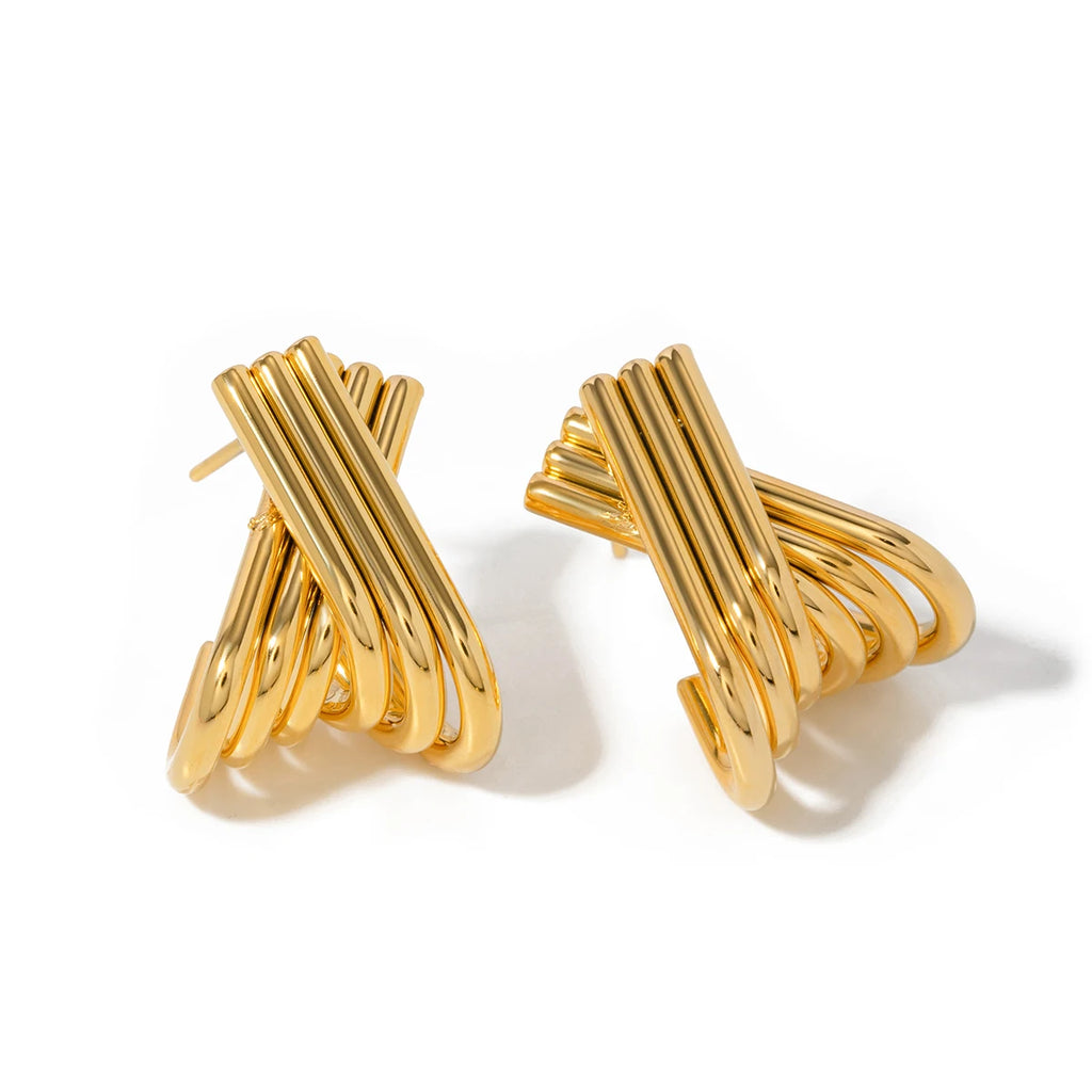 Gold X-Shape Multi-Line Stud Earrings | 18K PVD Waterproof Stainless Steel Jewelry
