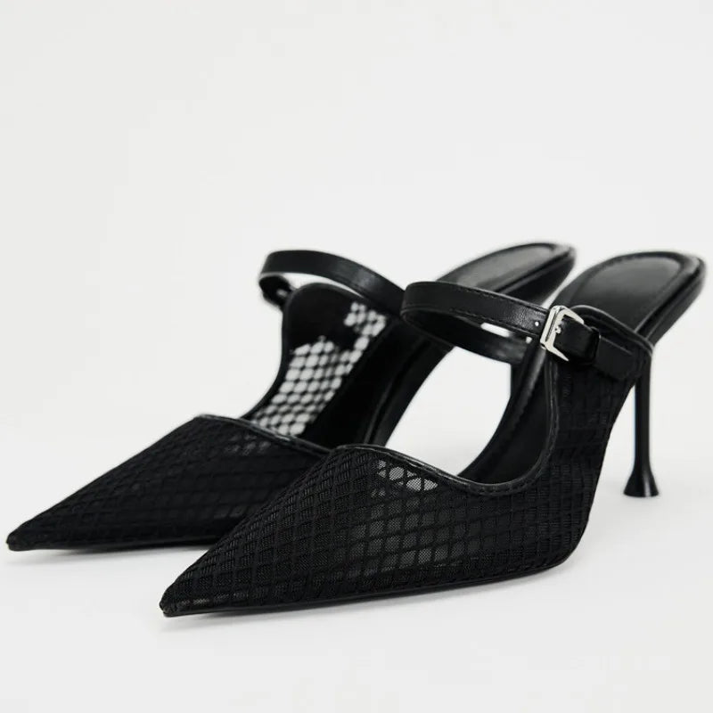 Pointed Toe Mesh Slingback Stiletto Mules — Black - The PM Edit