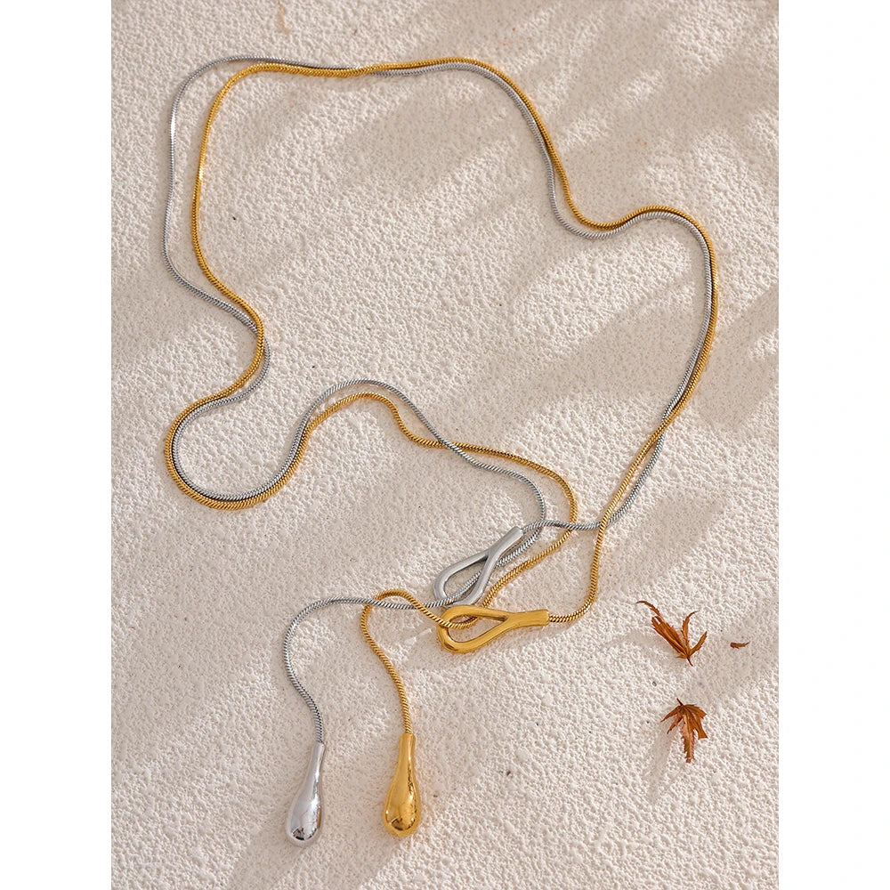 Teardrop Lariat Snake Chain Necklace | 18K PVD Gold Stainless Steel Statement Jewelry