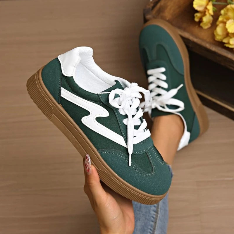 Women's Mixed Color Tennis Sneakers – Lace-Up Flat Trainers in Pink & Green