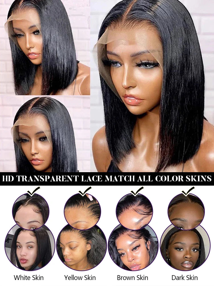 13x4 Lace Front Human Hair Wig. Transparent Lace Frontal Wig. Short Bob Wig. Glueless Remy Straight Natural Wig.