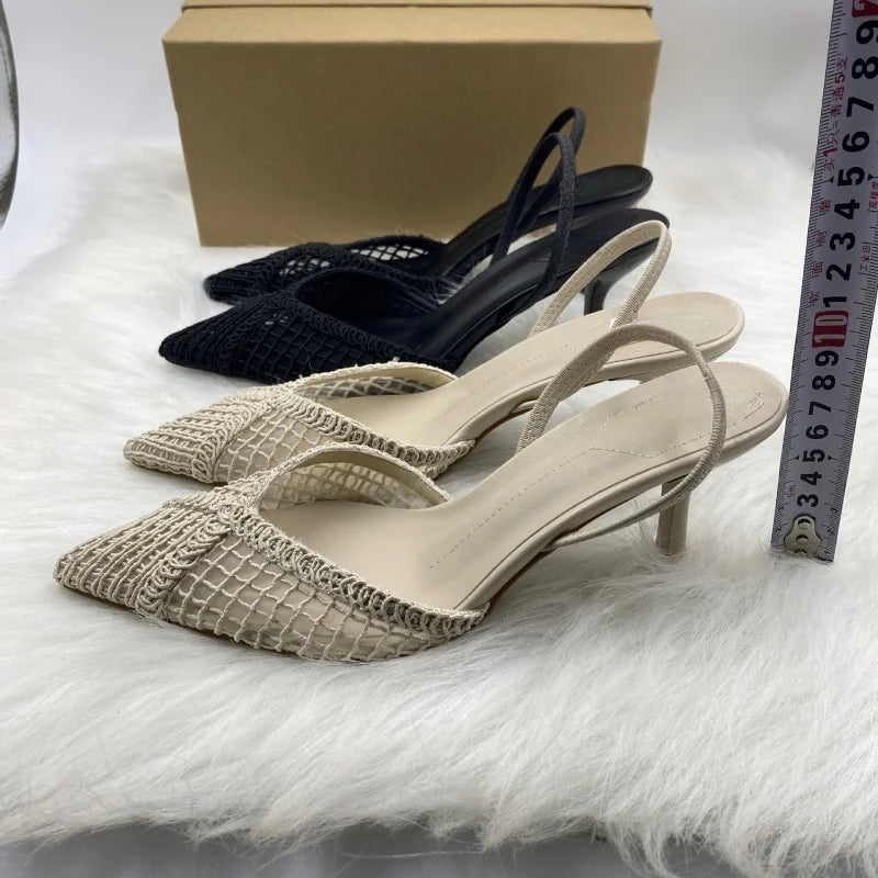 Woven Mesh Pointed-Toe Slingback Heels