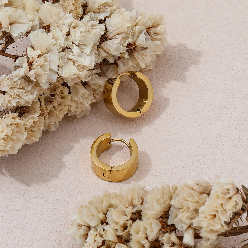 Wide Band Gold Huggie Hoop Earrings | Waterproof Stainless Steel Minimalist Jewelry