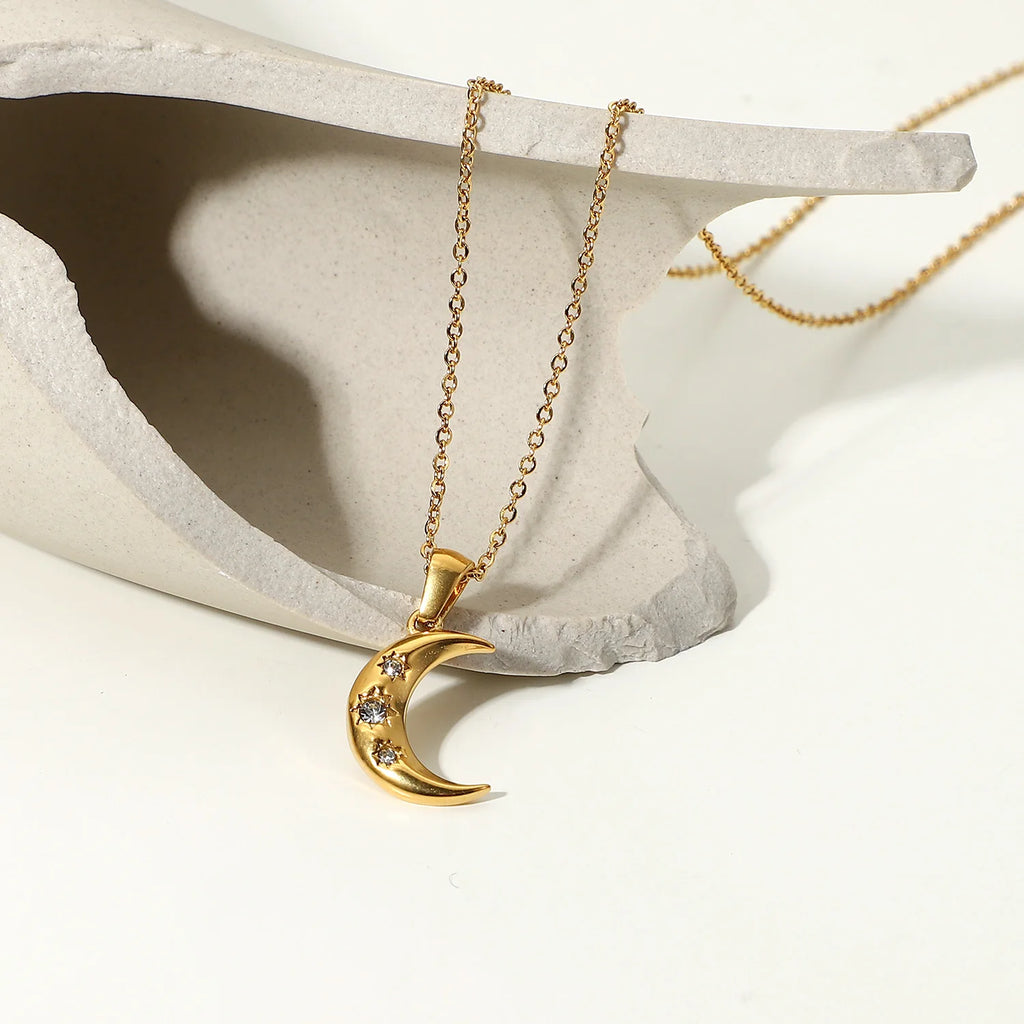 Crescent Moon & Star CZ Pendant Necklace | 18K Gold Plated Stainless Steel Celestial Jewelry