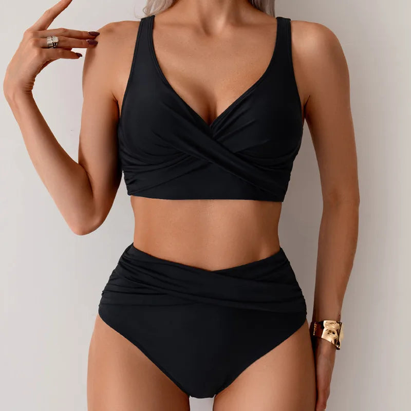 Crossover V-Neck Bikini Set | Ruched High Waist Bottoms
