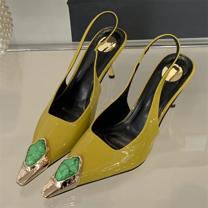 Diamond Inlay Pointed Toe Slingback Heels