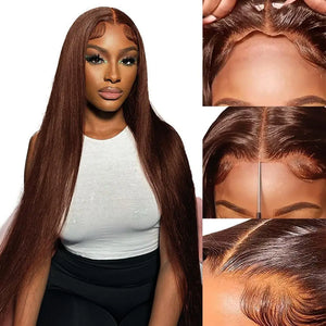 #4 Glueless Straight Wig. Wear And Go Chocolate Brown Lace Front Wig. 4x4 Lace Closure Wigs For Women.