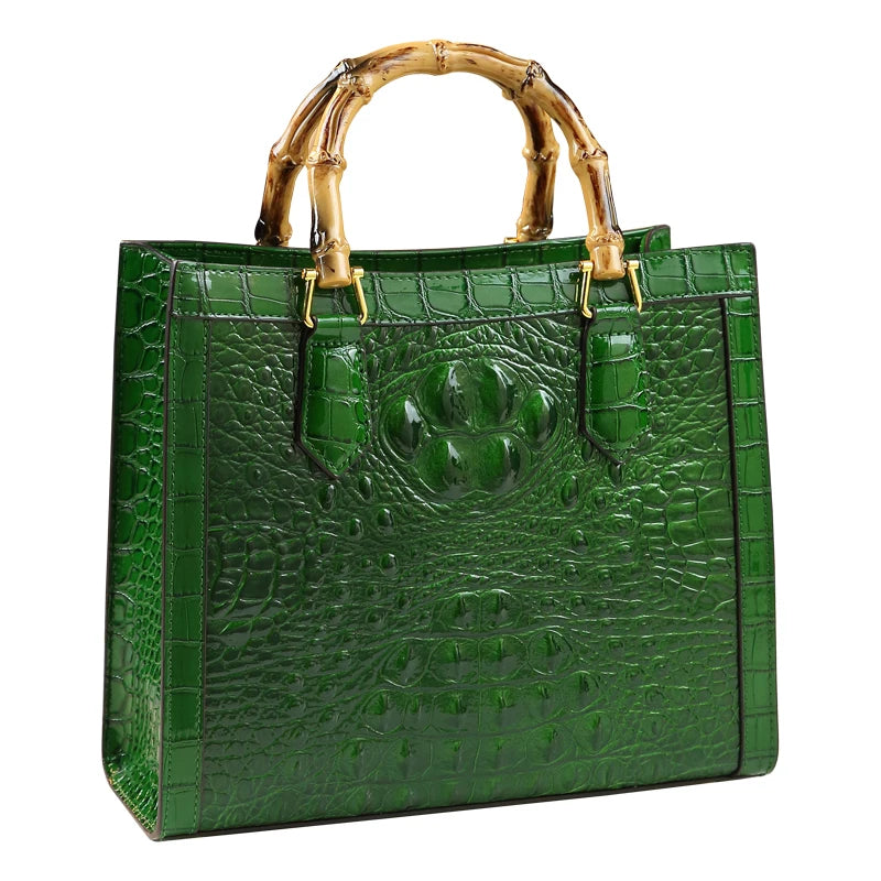 Crocodile Pattern Genuine Leather Structured Bag with Bamboo Handles