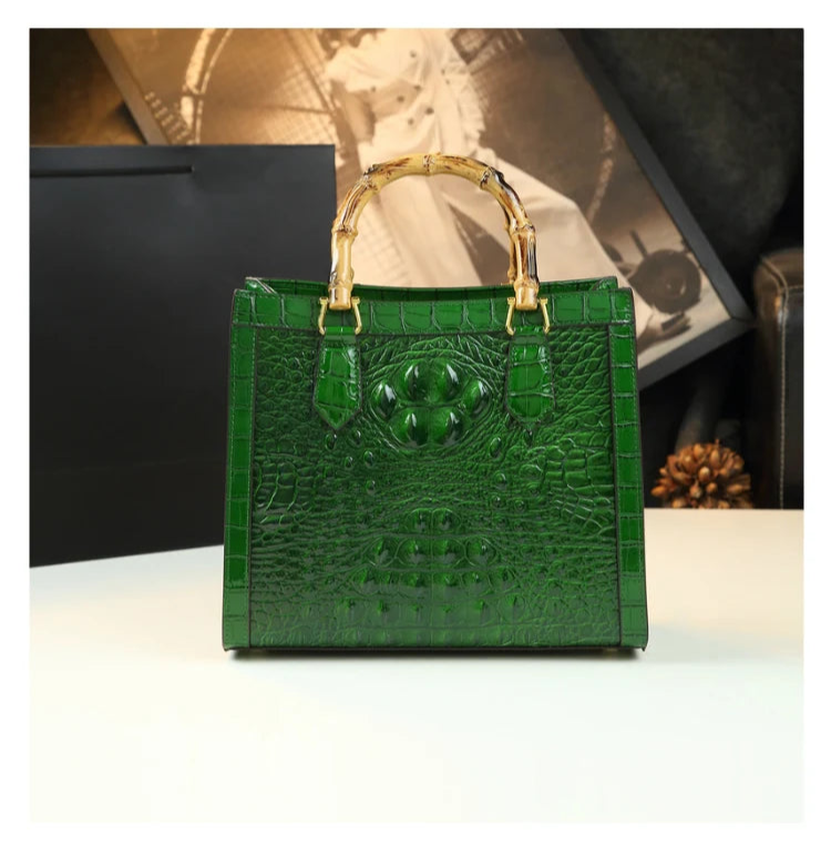 Crocodile Pattern Genuine Leather Structured Bag with Bamboo Handles