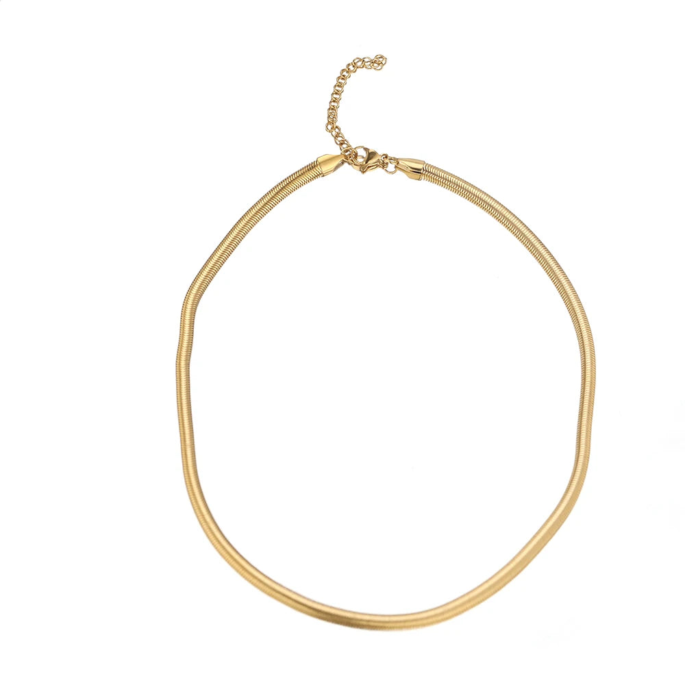 4mm Flat Herringbone Snake Chain Choker Necklace | 18K Gold & Silver Stainless Steel