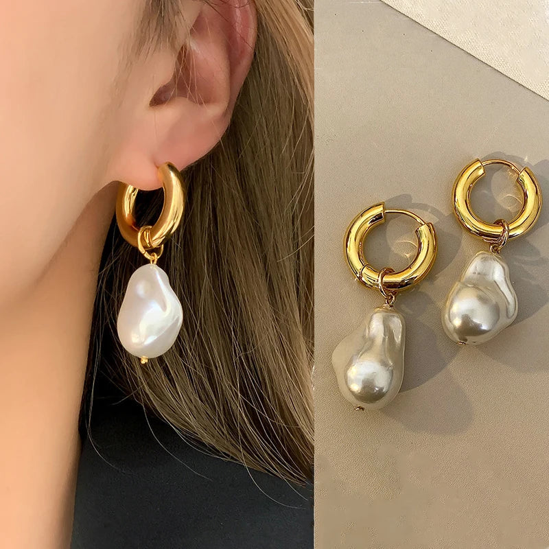 Baroque Pearl Huggie Drop Earrings