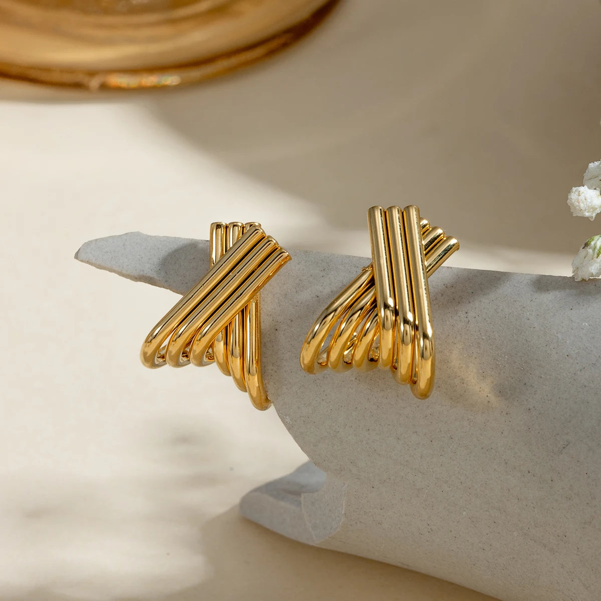 Gold X-Shape Multi-Line Stud Earrings | 18K PVD Waterproof Stainless Steel Jewelry