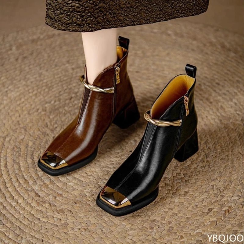 Gold Metal Toe Cap Ankle Boots – Pearl Chain Detail | Black & Brown - The PM Edit