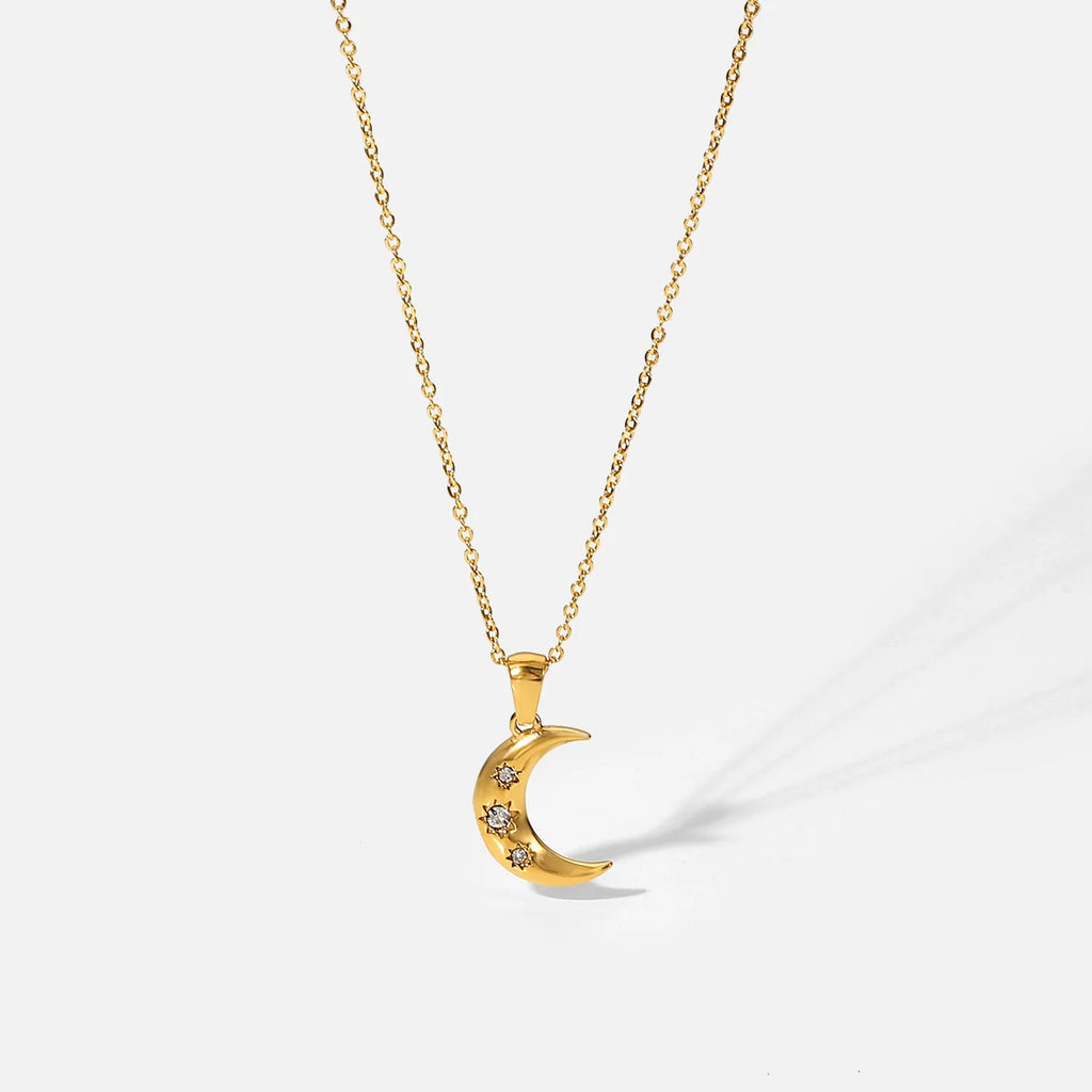 Crescent Moon & Star CZ Pendant Necklace | 18K Gold Plated Stainless Steel Celestial Jewelry