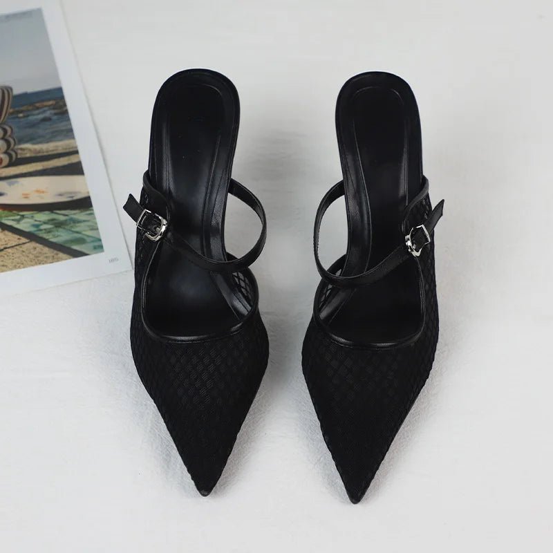 Pointed Toe Mesh Slingback Stiletto Mules — Black - The PM Edit