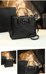 Load image into Gallery viewer, Crocodile Pattern Genuine Leather Structured Bag with Bamboo Handles
