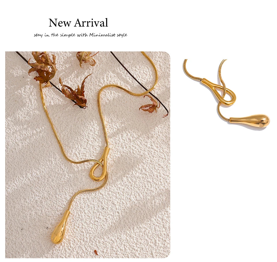 Teardrop Lariat Snake Chain Necklace | 18K PVD Gold Stainless Steel Statement Jewelry