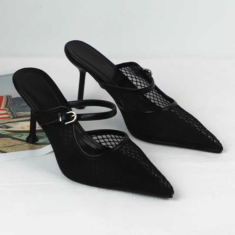 Pointed Toe Mesh Slingback Stiletto Mules — Black - The PM Edit