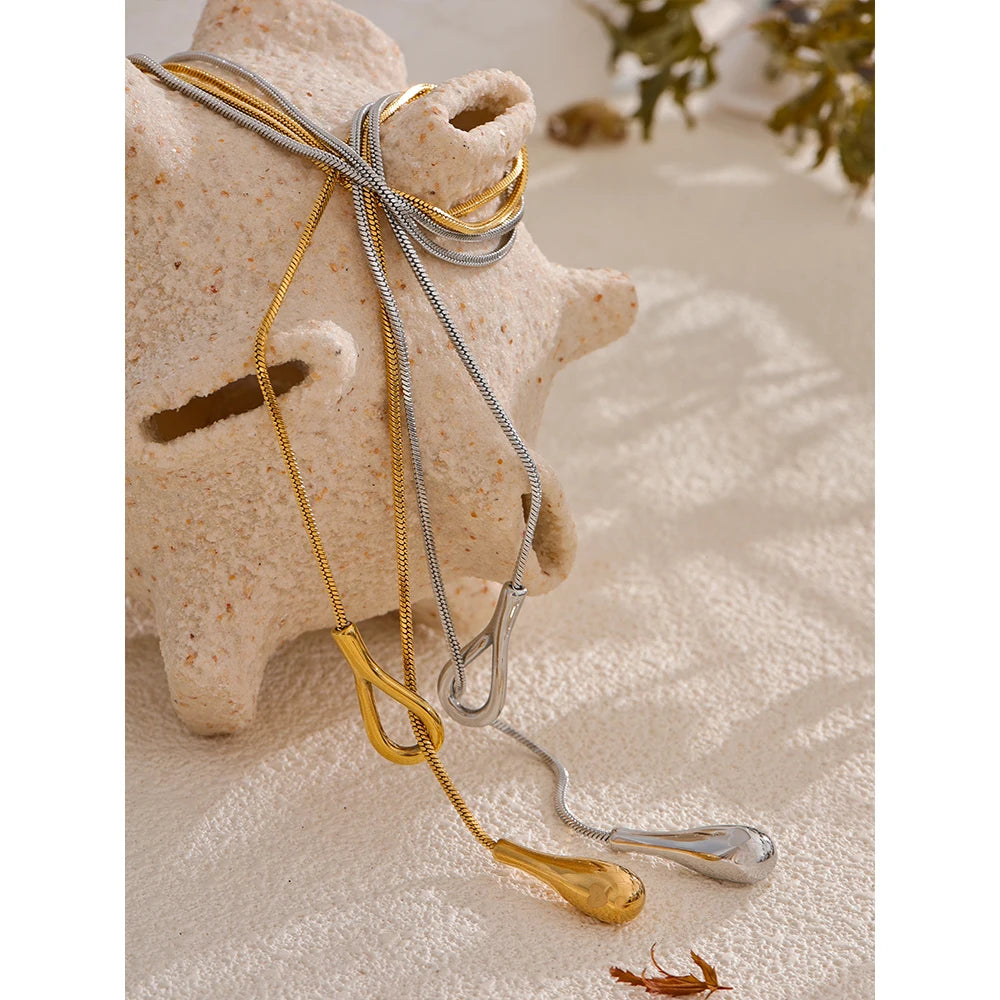 Teardrop Lariat Snake Chain Necklace | 18K PVD Gold Stainless Steel Statement Jewelry