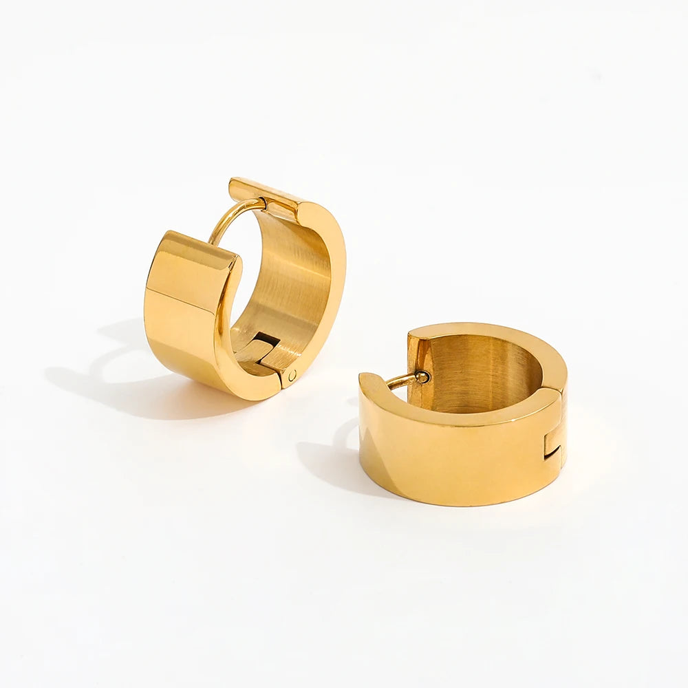 Wide Band Gold Huggie Hoop Earrings | Waterproof Stainless Steel Minimalist Jewelry