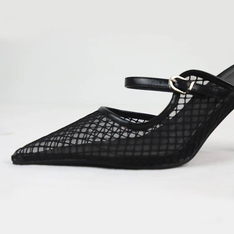 Pointed Toe Mesh Slingback Stiletto Mules — Black - The PM Edit