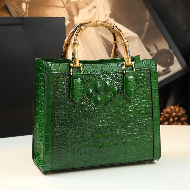 Crocodile Pattern Genuine Leather Structured Bag with Bamboo Handles