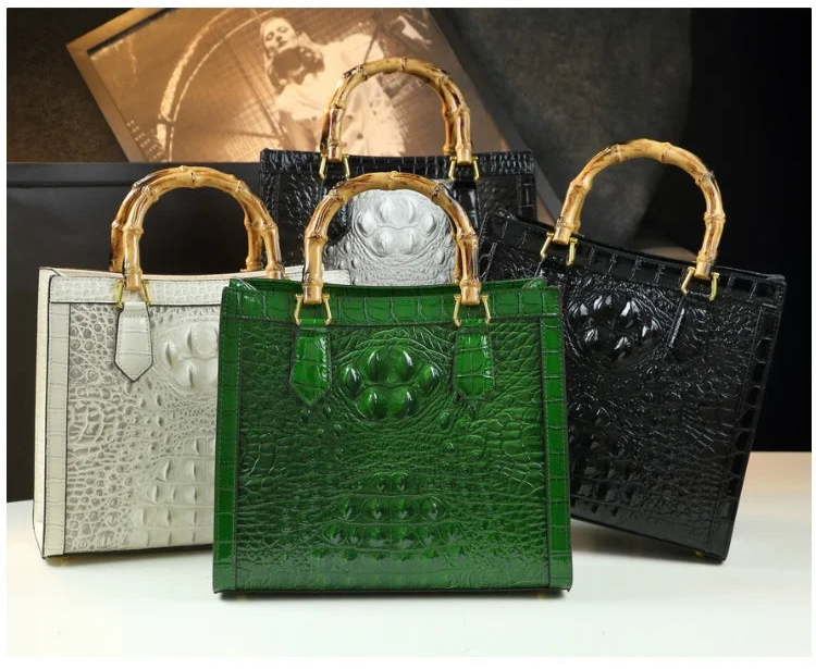 Crocodile Pattern Genuine Leather Structured Bag with Bamboo Handles