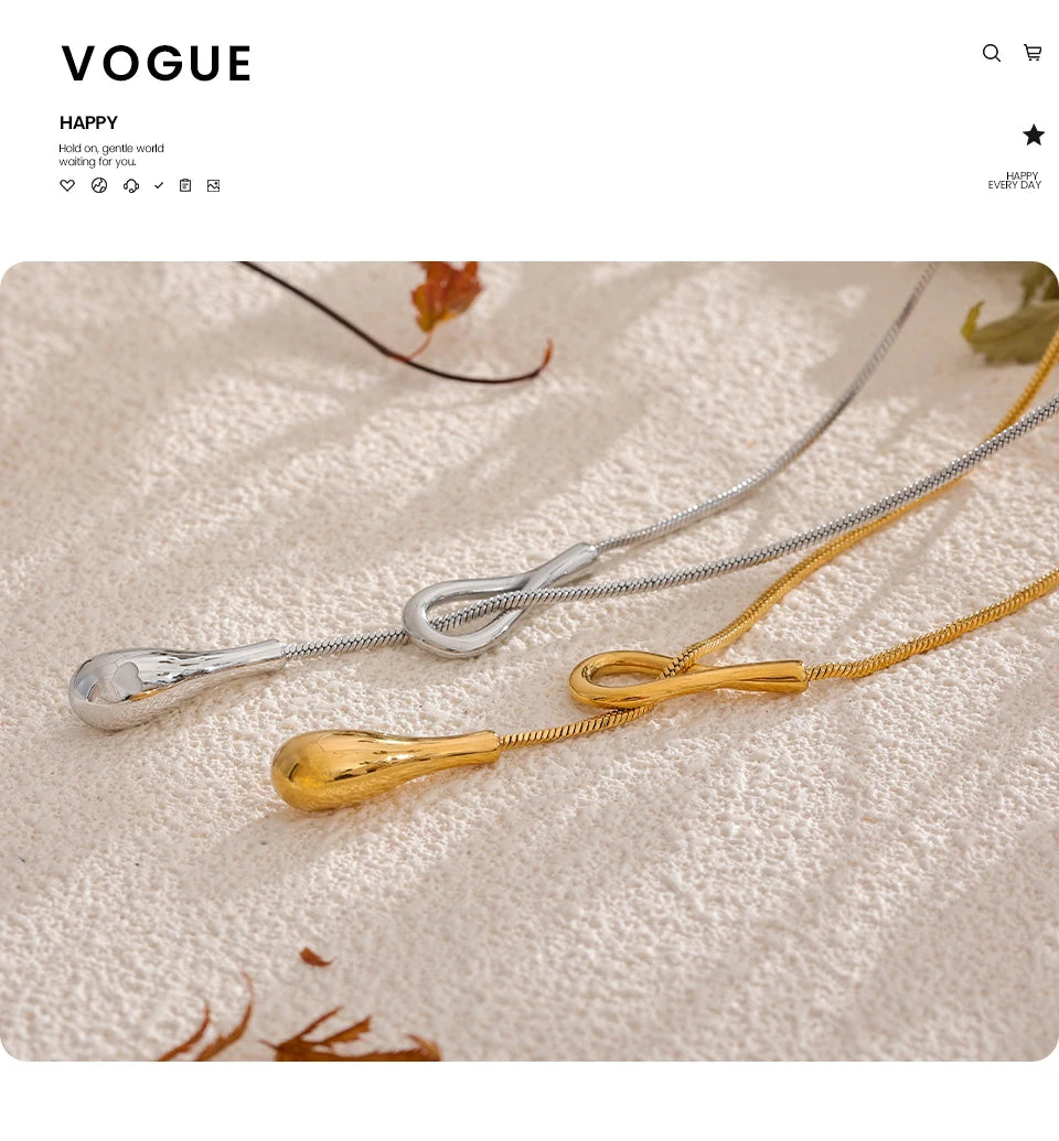 Teardrop Lariat Snake Chain Necklace | 18K PVD Gold Stainless Steel Statement Jewelry