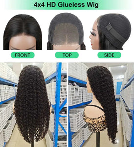 Water Wave Glueless Wig. Pre-Cut HD Lace Wig. 180% Pre-Plucked Natural Wave Glueless Curly Human Hair Wig.