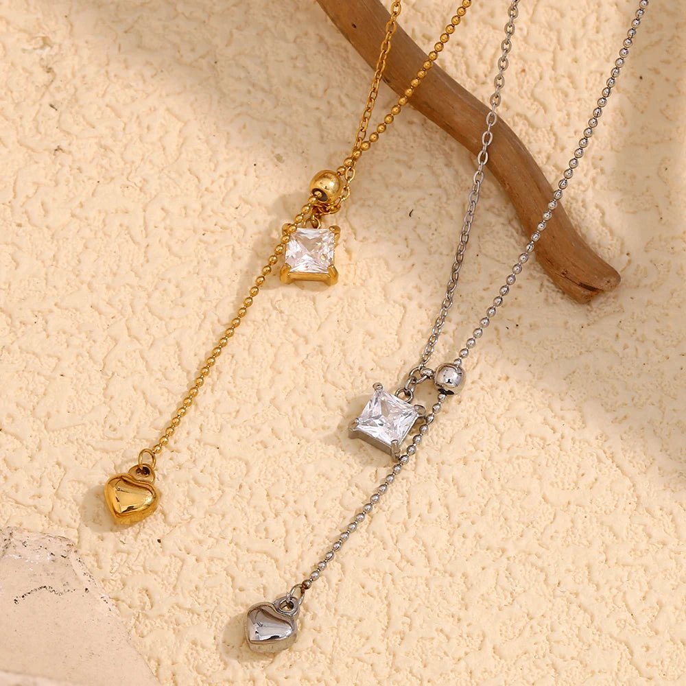 CZ Heart Tassel Necklace – Stainless Steel PVD Plated | Silver & Gold - The PM Edit