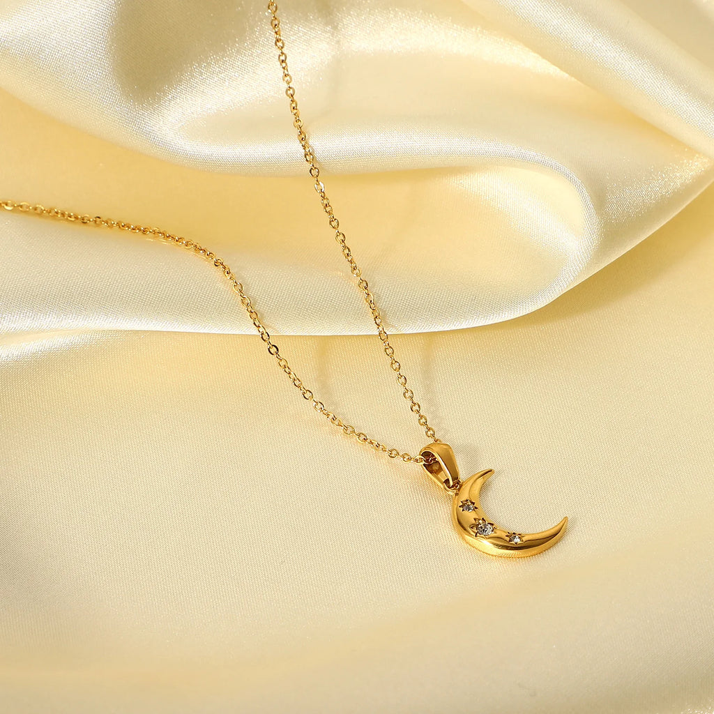 Crescent Moon & Star CZ Pendant Necklace | 18K Gold Plated Stainless Steel Celestial Jewelry