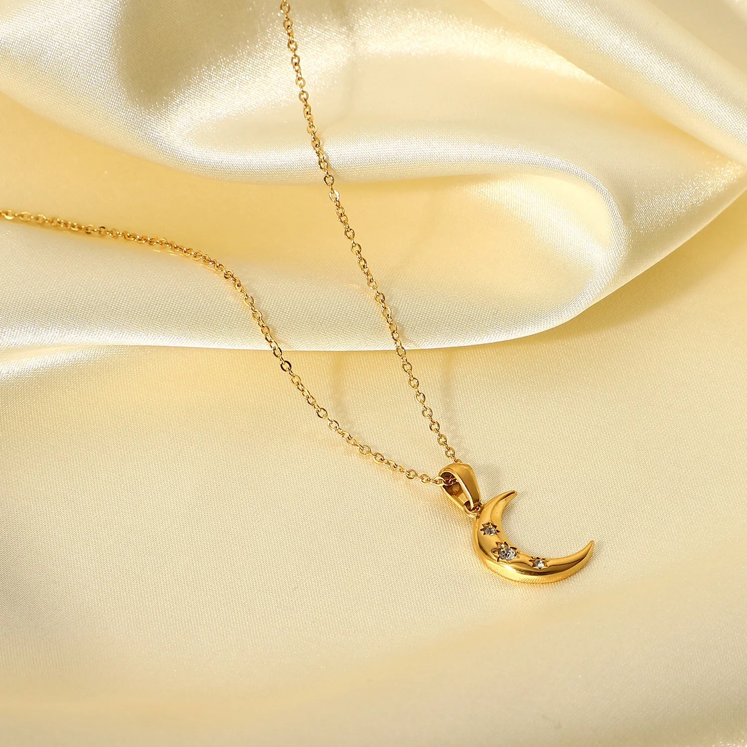 Crescent Moon & Star CZ Pendant Necklace | 18K Gold Plated Stainless Steel Celestial Jewelry