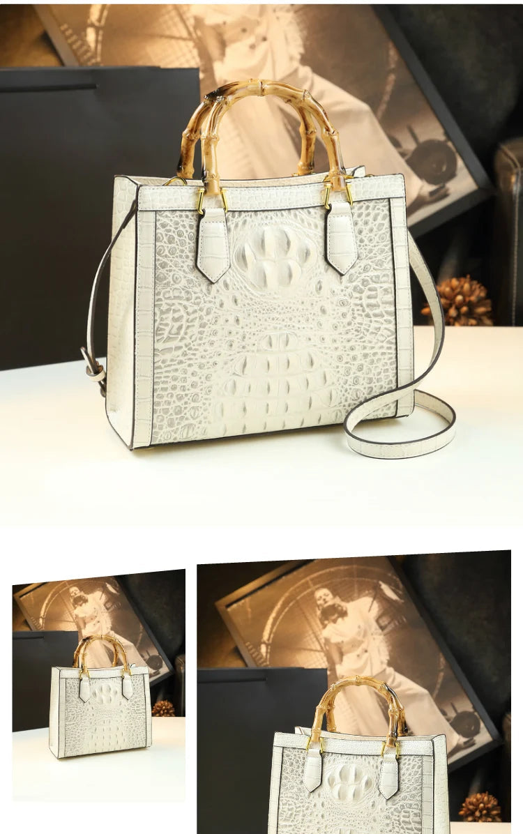 Crocodile Pattern Genuine Leather Structured Bag with Bamboo Handles