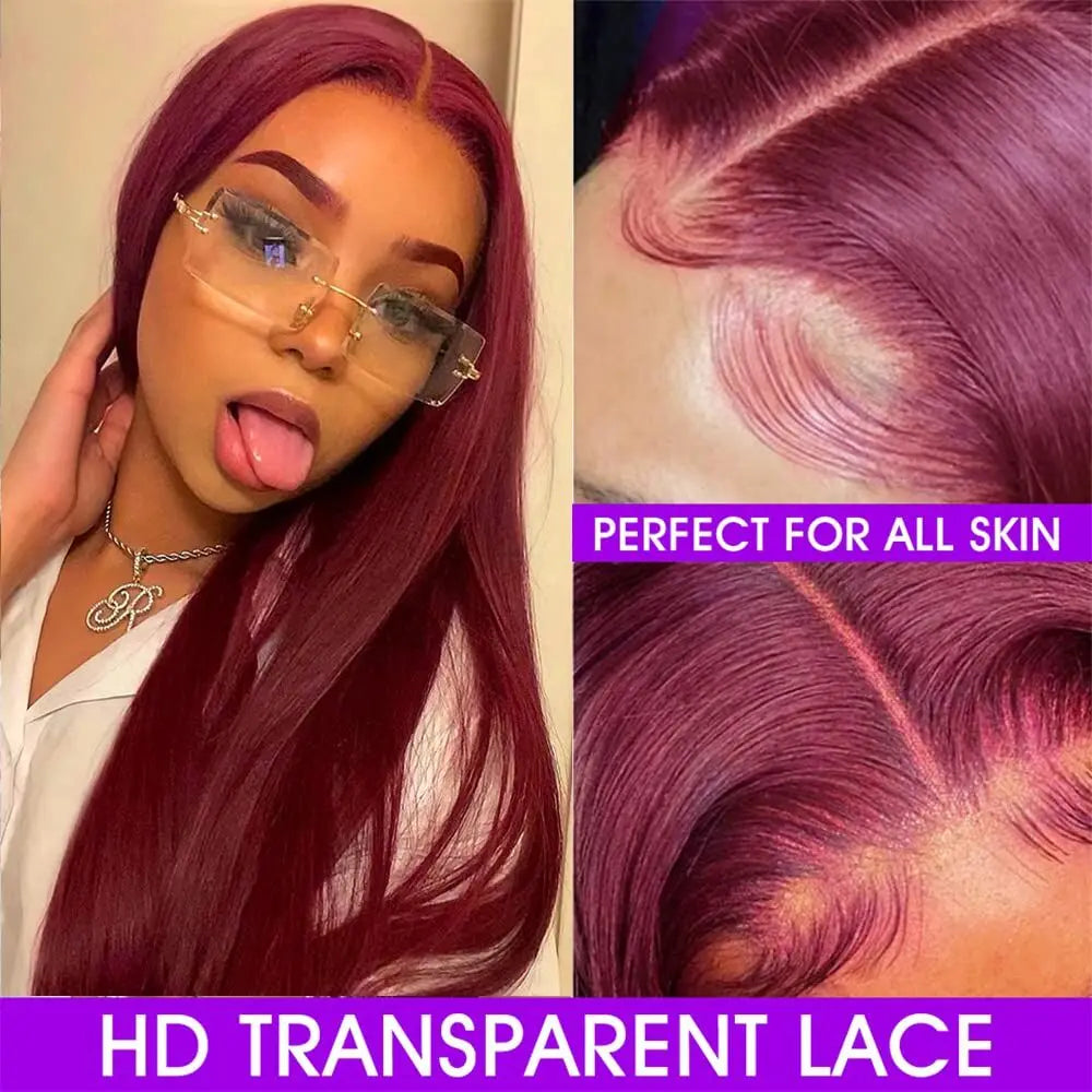 Wear Go Straight 99j Burgundy Glueless HD Lace Closure Lace Front Human Hair Wig. 6x4 Pre-Cut Pre-Plucked.