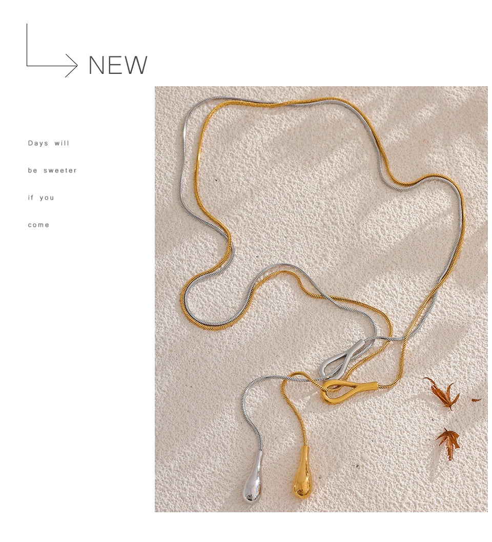 Teardrop Lariat Snake Chain Necklace | 18K PVD Gold Stainless Steel Statement Jewelry