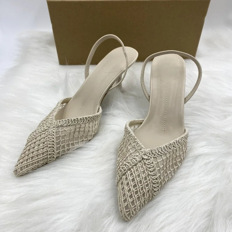 Woven Mesh Pointed-Toe Slingback Heels