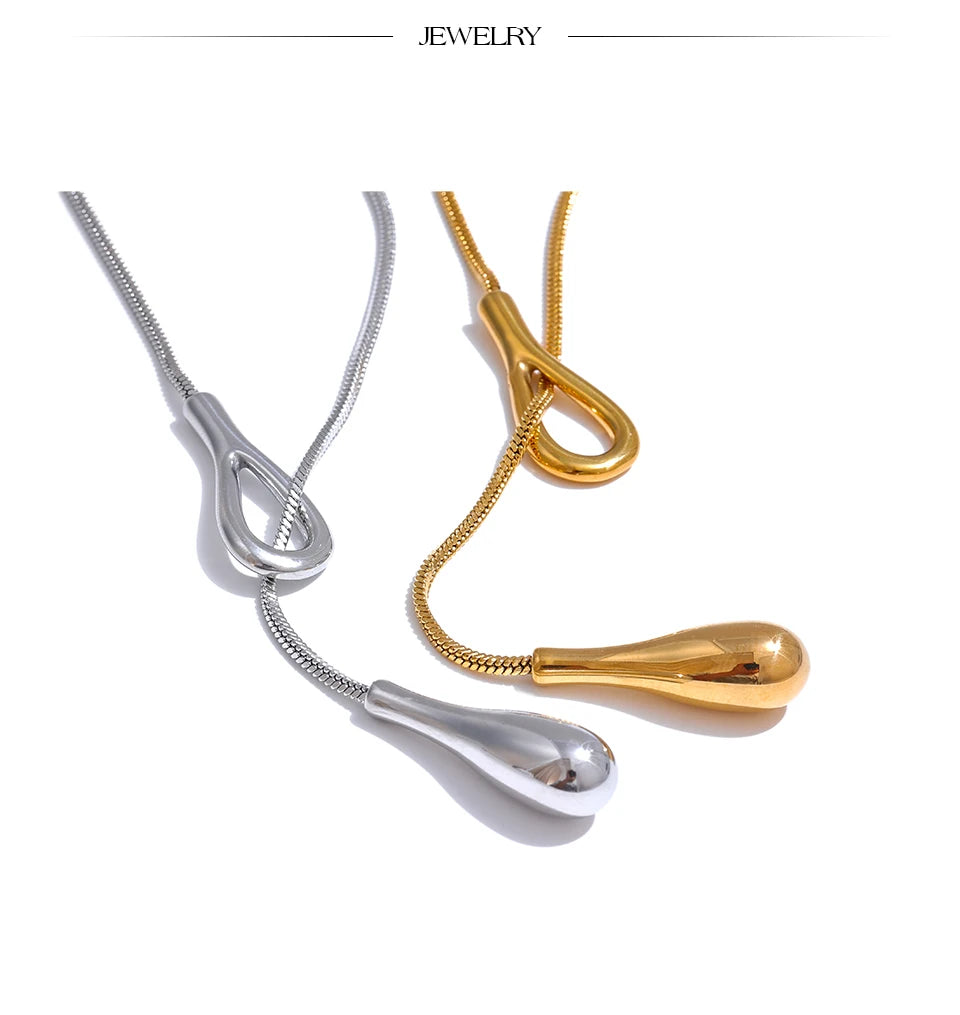 Teardrop Lariat Snake Chain Necklace | 18K PVD Gold Stainless Steel Statement Jewelry