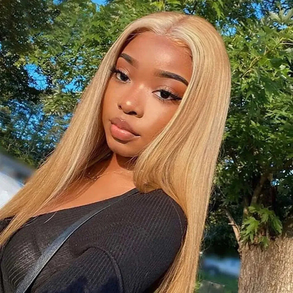 Wear And Go Honey Blonde  Glueless HD Straight Lace Front Wig. Human Hair #27 Color Pre Cut PrePlucked Closure Wig.