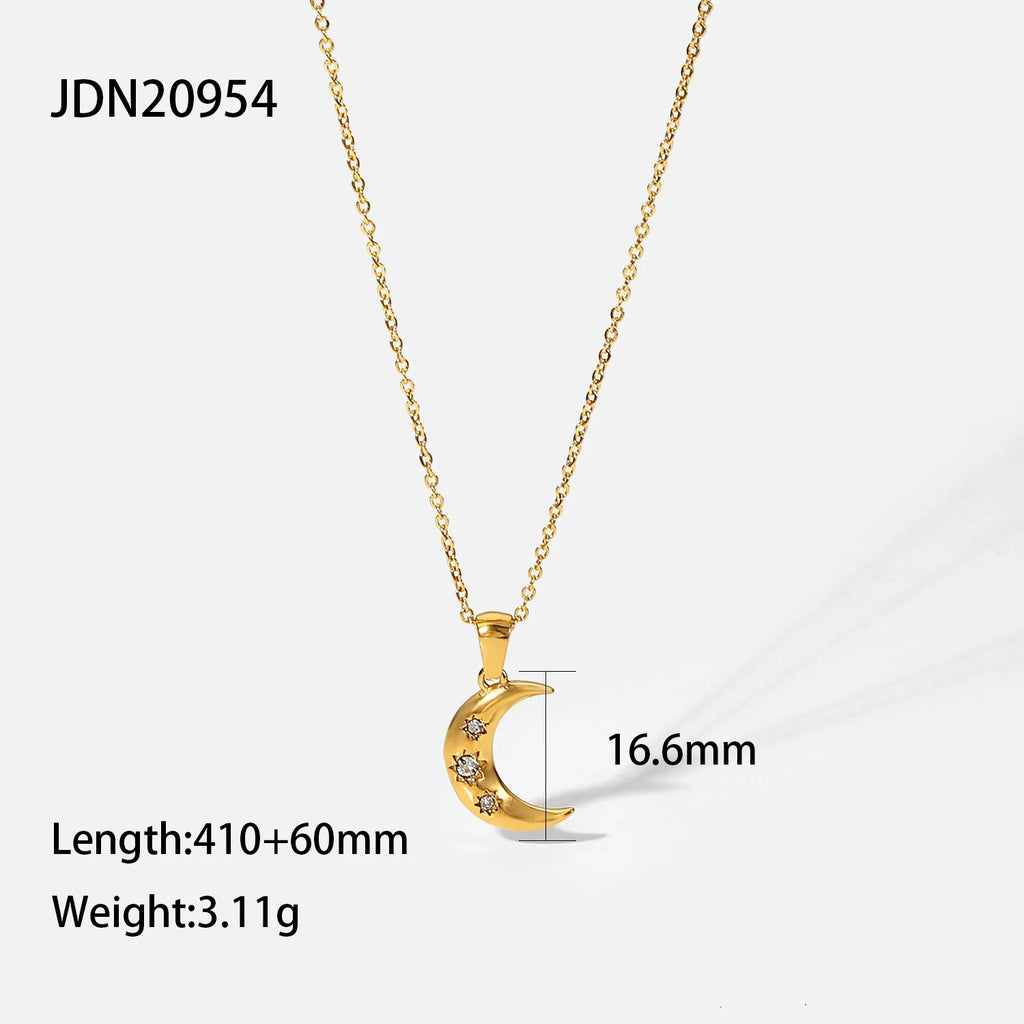 Crescent Moon & Star CZ Pendant Necklace | 18K Gold Plated Stainless Steel Celestial Jewelry