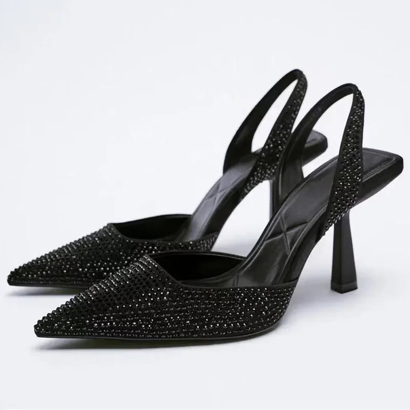 Crystal Rhinestone Slingback Pumps – Pointed Toe High Heels | Black, Gold & Blue