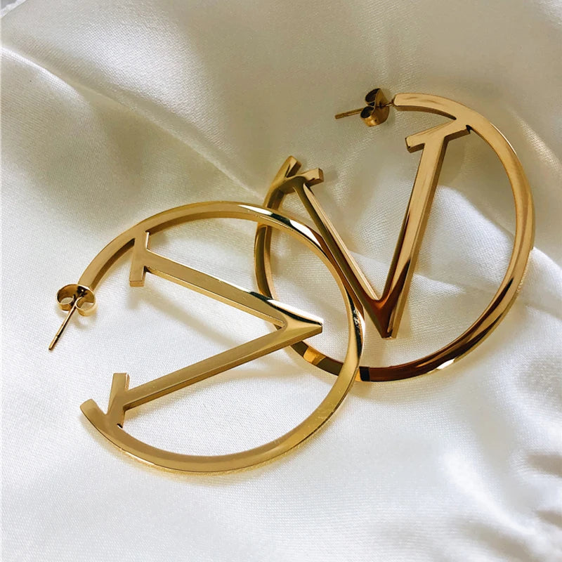 Gold Hoop Earrings with Letter V – Personalized Statement Jewelry