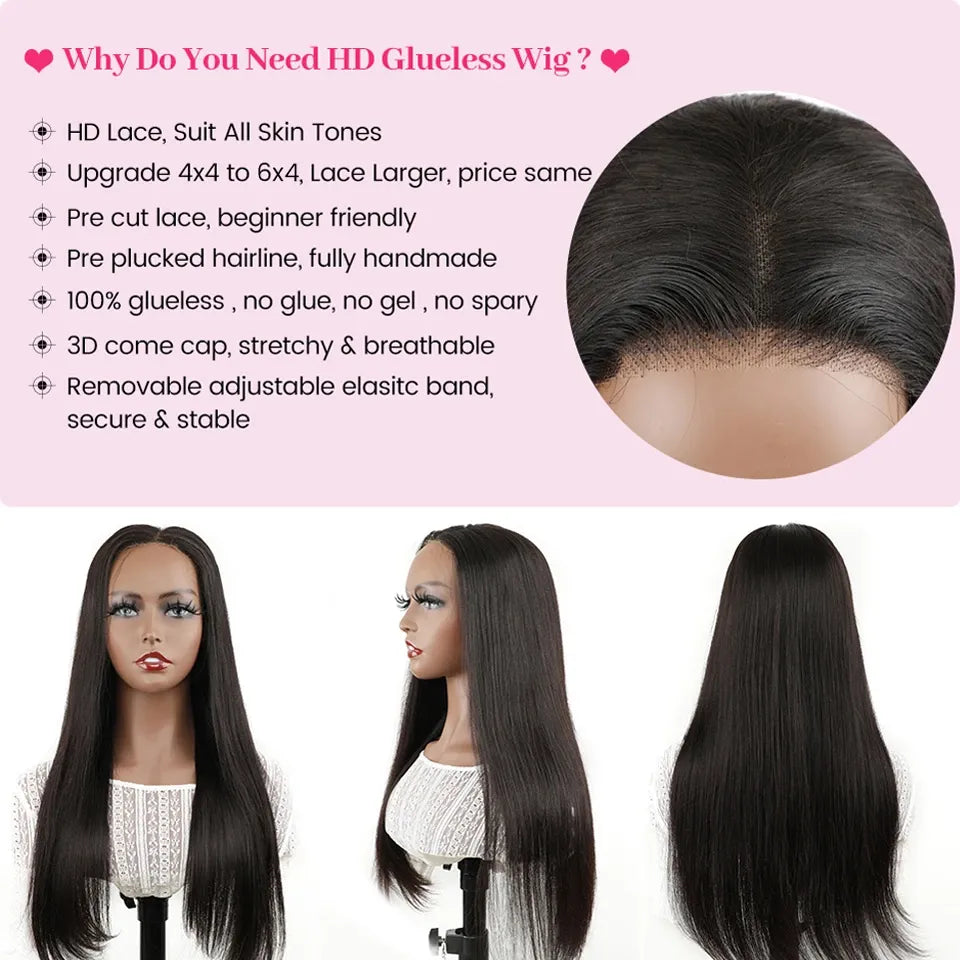 Wear Go Glueless Malayaisn Straight 6x4 HD Lace Wig. Pre-plucked Pre-Cut Pre Bleached Knots.