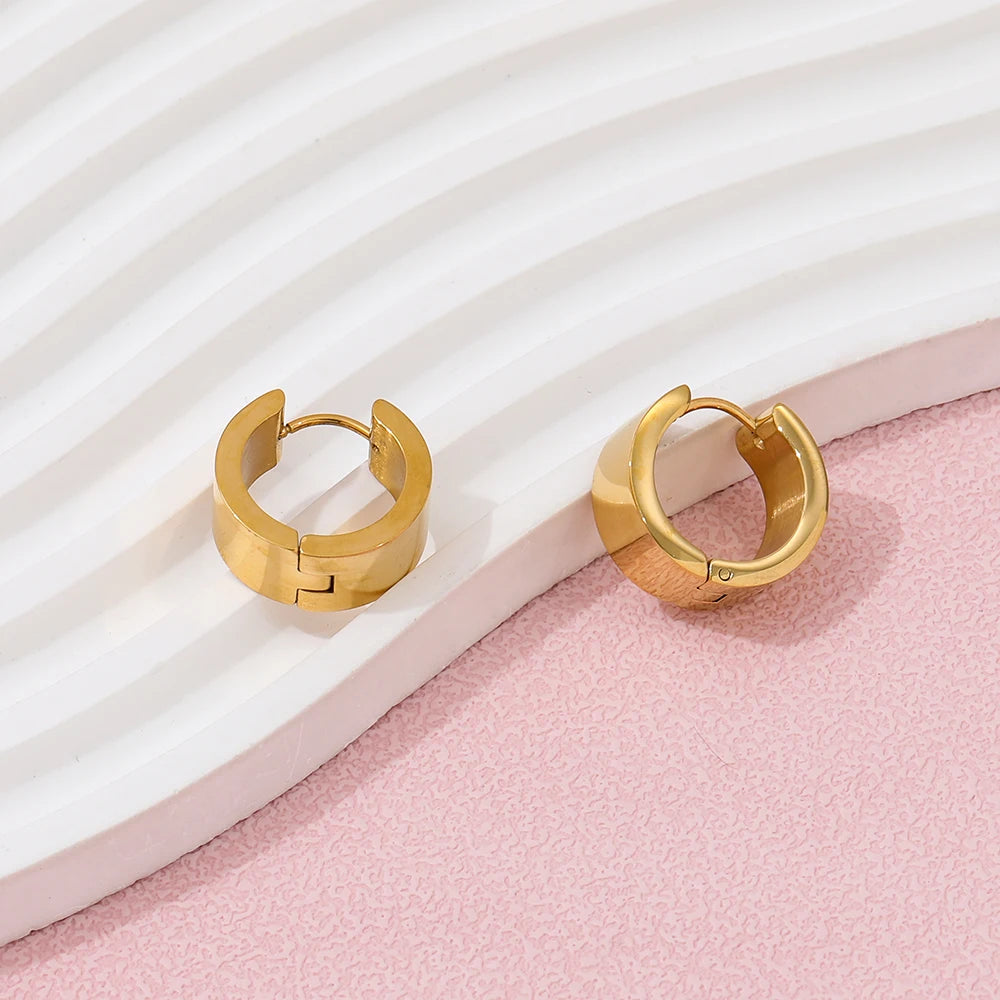 Wide Band Gold Huggie Hoop Earrings | Waterproof Stainless Steel Minimalist Jewelry