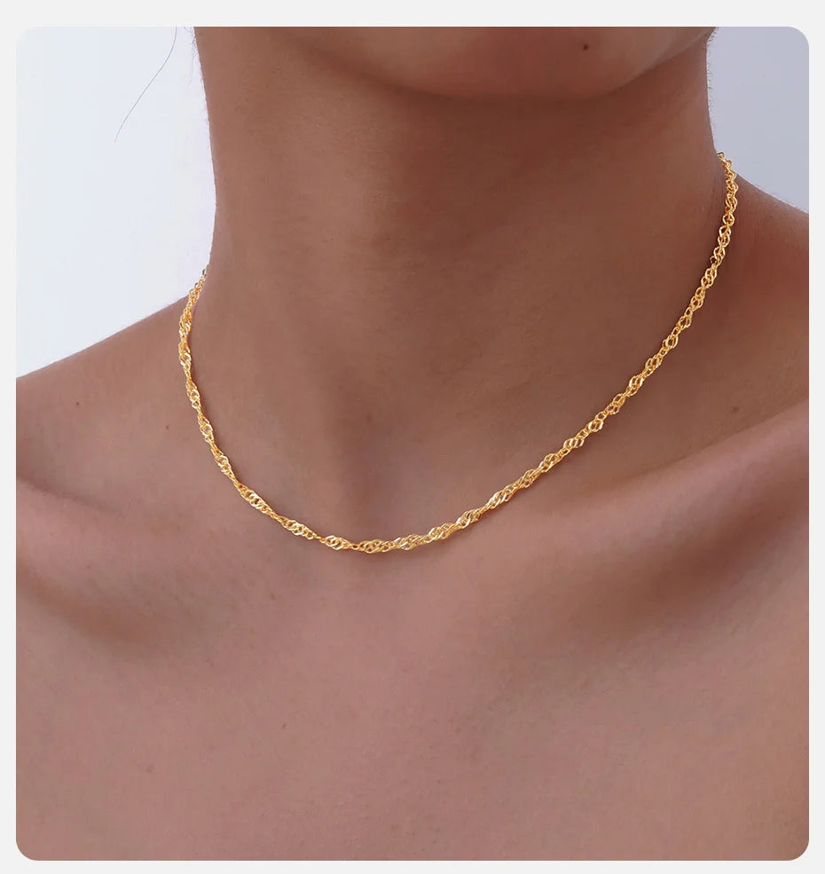Twisted Singapore Chain Choker Necklace | 18K PVD Gold Stainless Steel Adjustable Collar