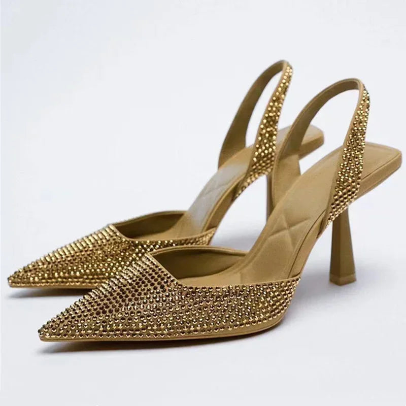 Crystal Rhinestone Slingback Pumps – Pointed Toe High Heels | Black, Gold & Blue