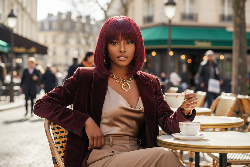 10 Inches Reddish Purple Layered Cut Yaki Straight #99J Lace Bob Wig With Bangs